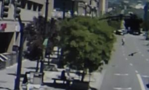 The drone is seen in the surveillance video flying near the intersection of 100 South and West Temple.