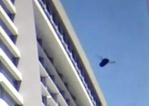 Surveillance video shows the drone moving quickly through the air near the Marriott hotel.