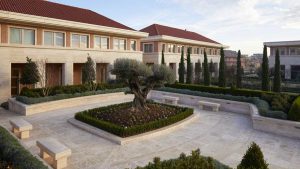 Rome Italy Temple courtyard, featuring an olive tree in the center. (Courtesy Intellectual Reserve, Inc.)