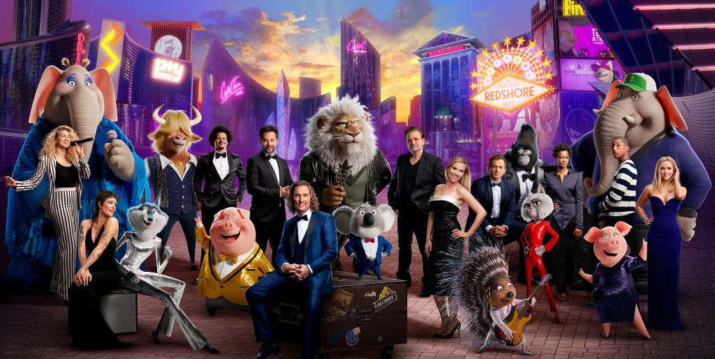 The voice cast of "Sing 2" alongside their animated characters.