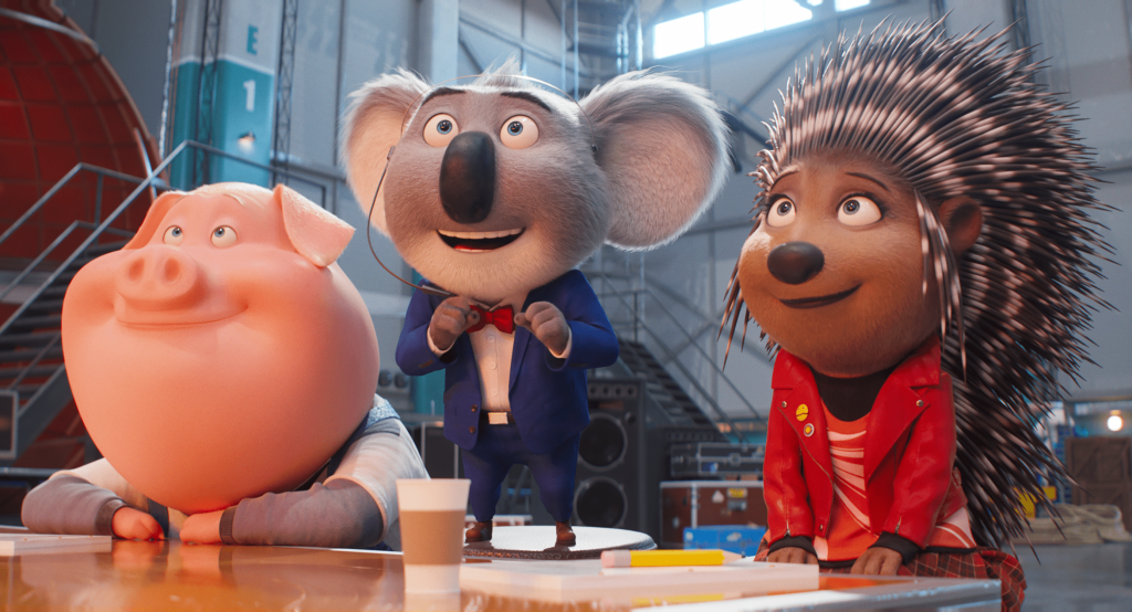 (L-R) Gunter (Nick Kroll), Buster Moon (Matthew McConaughey) and Ash (Scarlett Johansson) in SING 2 from Universal Pictures and Illumination Studios