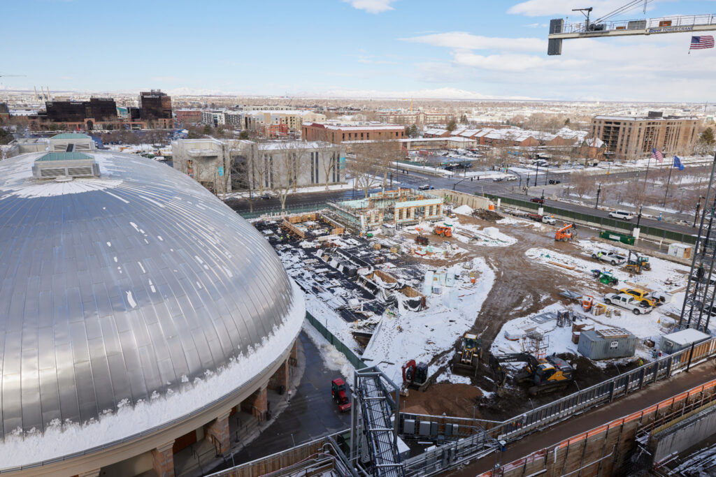 A view of the northwest corner of Temple Square shows the development of the area where the North Visitors' Center once stood. It is estimated that new buildings and landscaping in the corner will be completed in early fall 2023 as part of the ongoing renovations to the temple and surrounding area in Salt Lake City, Utah, March 2023. (Intellectual Reserve, Inc.)