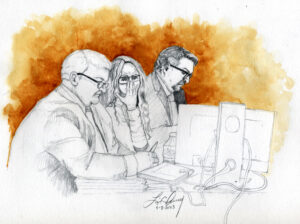 May 8, 2023 Court sketch of Lori whispering to John Thomas