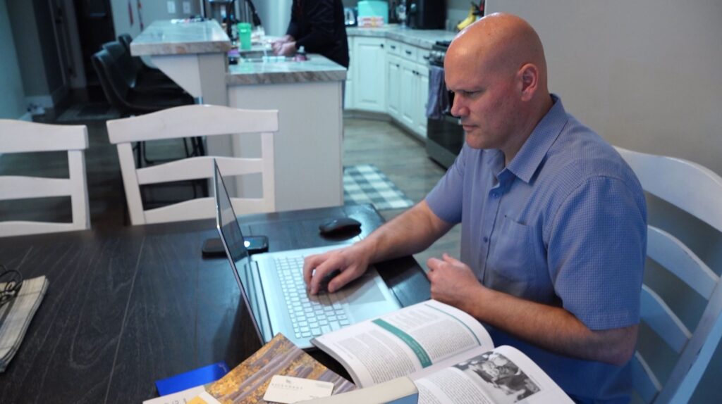 Scott Stephenson, executive director of the Utah Fraternal Order of Police and former POST director, just finished his first semester at Lynchburg University to become a licensed mental health clinician. He said his days are now filled with studying, reading and lots of test taking. He studies about five hours a day. (Josh Szymanik/KSL TV)