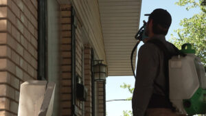 Bryce Bollinger spraying bug spray. (Shelby Lofton/KSL TV)