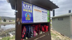 A Life Jacket Loaner Station at the Jordanelle Reservoir. (Eddie Collins, KSL TV)