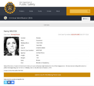 This screenshot shows Utah’s state cold case entry for Nancy Wilcox, as it appeared on Sept. 28, 2024. The date and circumstances of Wilcox’s disappearance are both incorrect. (KSL TV)