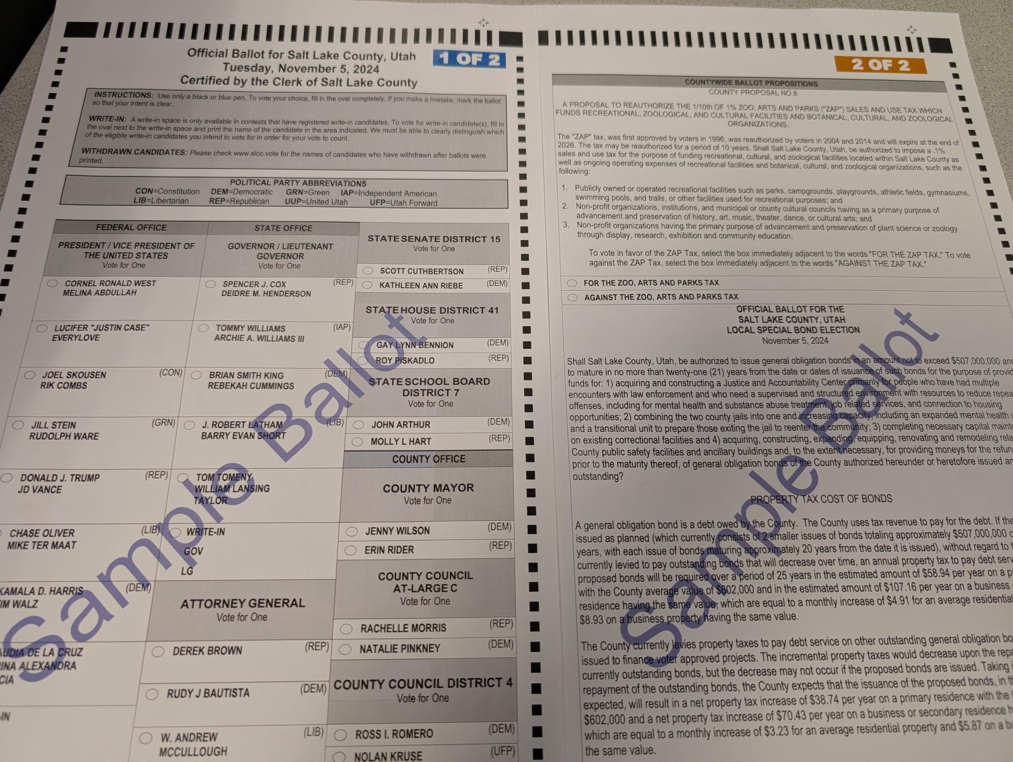 The front pages of the two Salt Lake County ballots for 2024. (KSL TV)