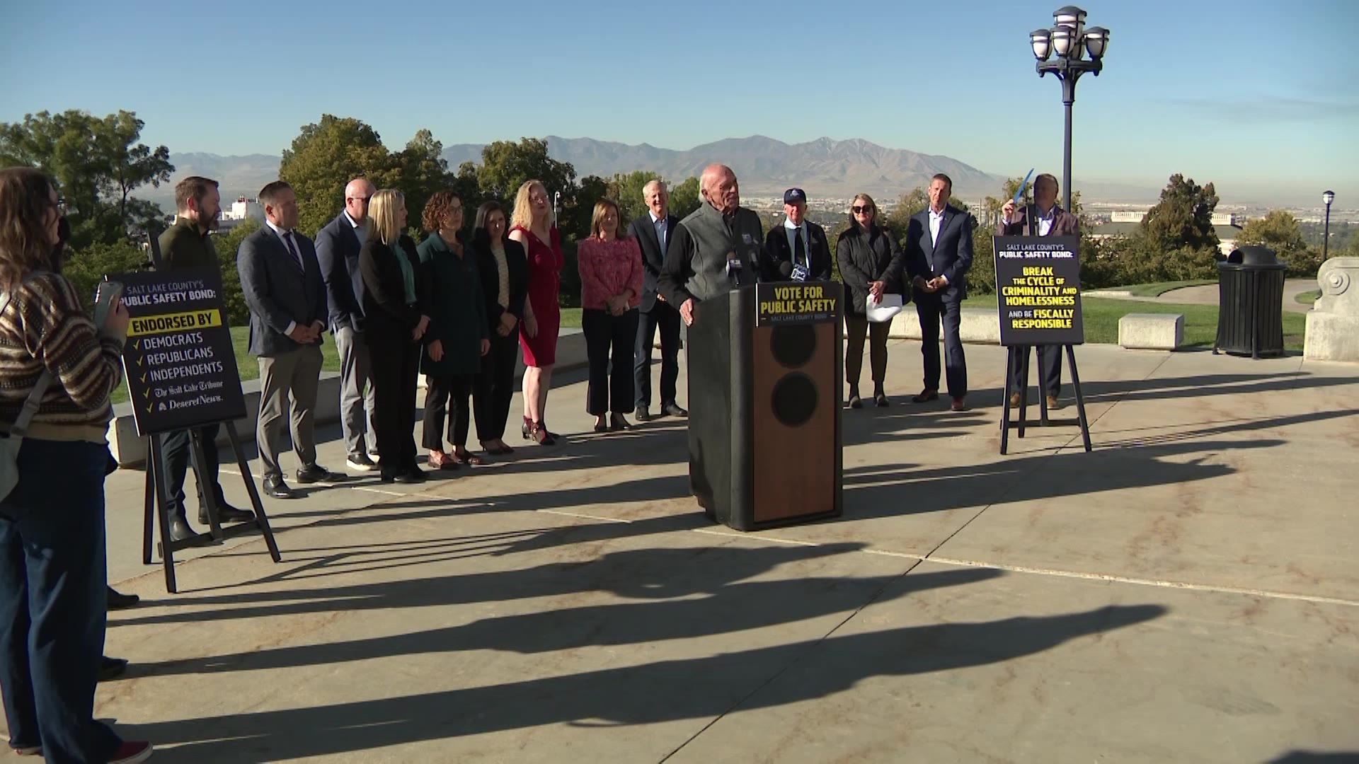Utah and Salt Lake County leaders on both sides of the political aisle speaking about the proposed bond on the steps of the State Capitol. (KSL TV)