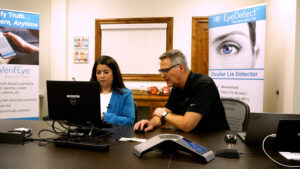 KSL Investigator Daniella Rivera takes an EyeDetect demo test. (Tanner Siegworth, KSL TV)