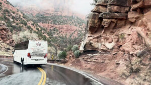Bus crosses the center line on Zion-Mt. Carmel Highway. (Zion National Park)