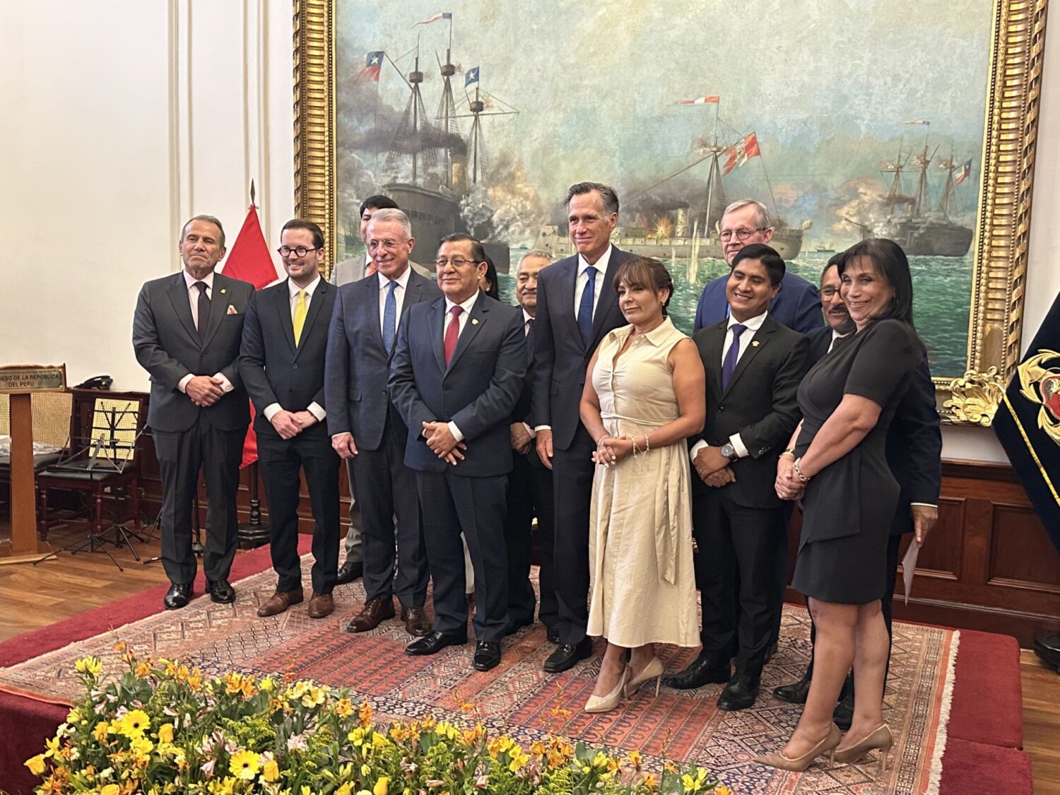 Former U.S. Senator Mitt Romney, Church Apostle Elder Ulisses Soares, and The Tabernacle Choir Presidency with Eduardo Salhuana, the President of the Congress of Peru, onWednesday, Feb. 19, 2025. (Dan Rascon, KSL TV)