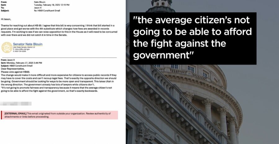 Email sent to Sen. Blouin regarding HB 69 which prevents the public from recouping legal fees if they win a public records case against the government. (Courtesy: Utah’s public records laws, aka GRAMA)