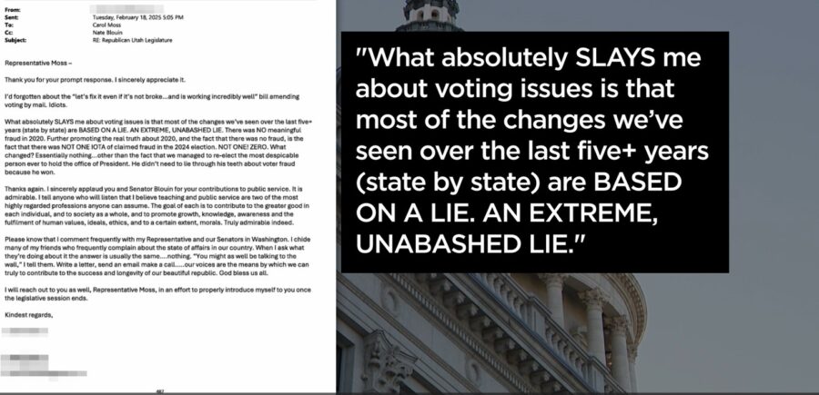 Email sent to several legislators regarding HB 69 which involves voting and public records laws including preventing the public from recouping legal fees if they win a public records case against the government. (Courtesy: Utah’s public records laws, aka GRAMA)