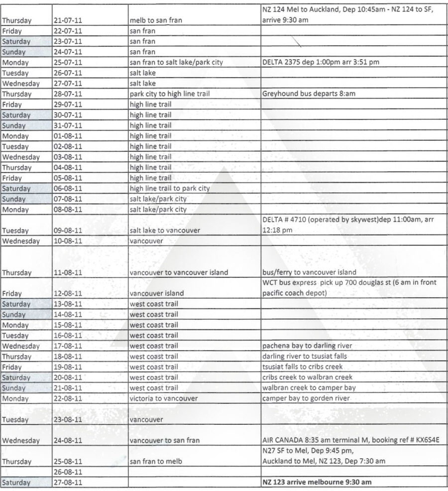 Eric Robinson left this spreadsheet with travel plans for his 2011 visit to Utah with his wife, Marilyn Koolstra. Robinson planned to hike both the Uinta Highline Trail and the West Coast Trial on Victoria Island in Canada that August.