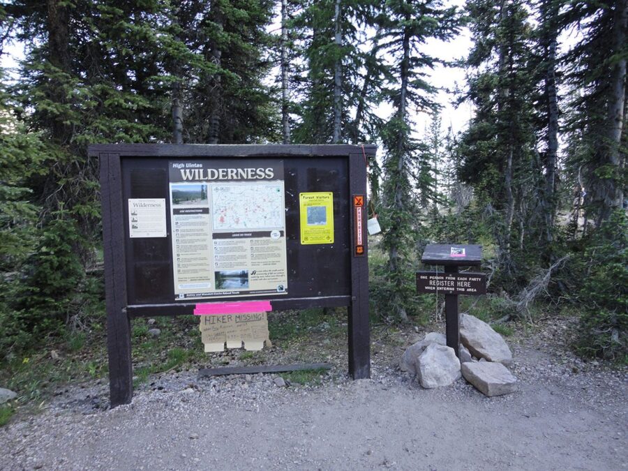 This photo, taken at the Highline Trailhead in the Uinta Mountains on Friday, August 12, 2011, shows an improvised missing hiker sign alerting visitors to the disappearance of Eric Robinson on the Uinta Highline Trail. (Photo: Marilyn Koolstra)