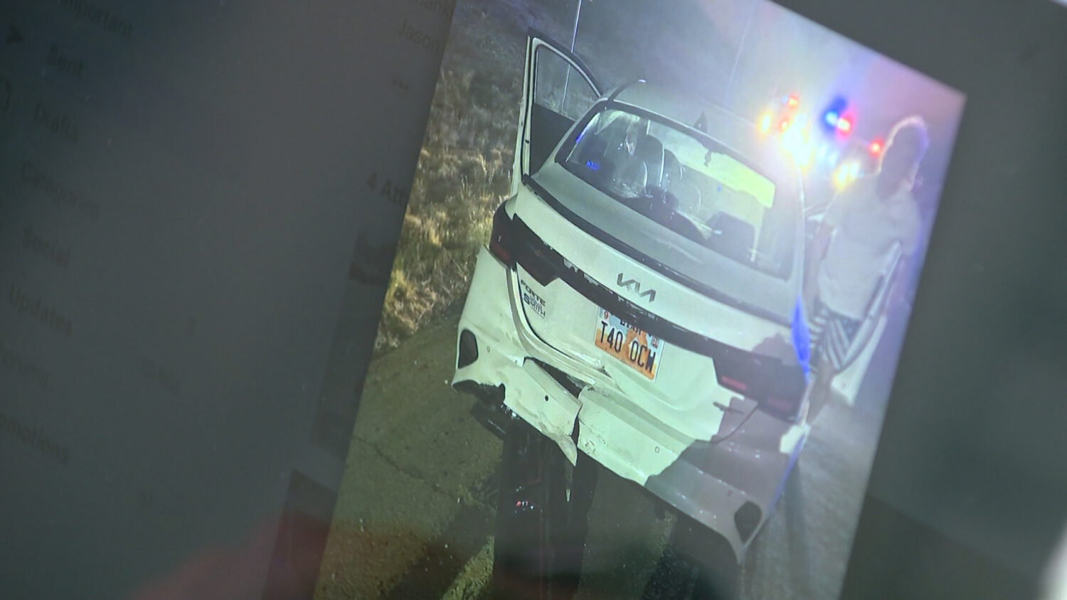 Dewey says $15,000 worth of damage was done to the car, but it was towed to Las Vegas before an insurance adjuster looked it over. (Stuart Johnson, KSL TV)