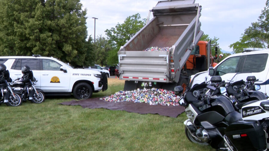 The Utah Highway Patrol showed 1,440 cans to represent the 11,440 DUI arrests made in 2024. (Sarah Martin, KSL TV)