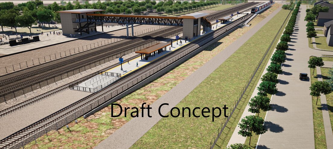 A rendering shows a planned FrontRunner station in Bluffdale, near the Spring View Farms neighborhood. (Photo courtesy: UDOT)