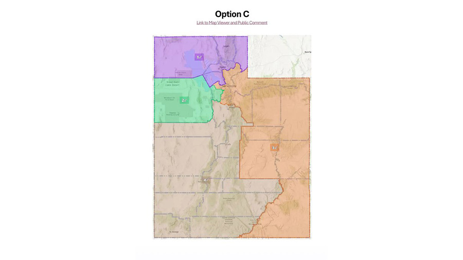 Redistricting map C, chosen by Utah's Redistricting Committee to be brought to the state's Legislature during a special session on Monday, Oct. 6, 2025. (Utah Legislature)