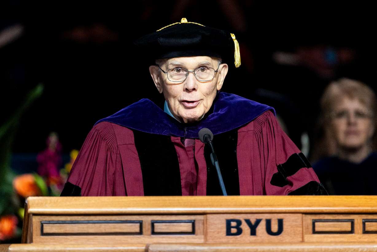 President Dallin H. Oaks, first counselor in the First Presidency of The Church of jesus Christ of Latter-day Saints, speaks during Brigham Young University's commencement ceremony, held at the Marriott Center in Provo on April 24, 2025. (Isaac Hale, Deseret News)