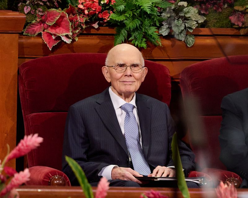 President Dallin H. Oaks smiles during general conference of The Church of Jesus Christ of Latter-day Saints at age 93 on Tuesday. (The Church of Jesus Christ of Latter-day Saints)