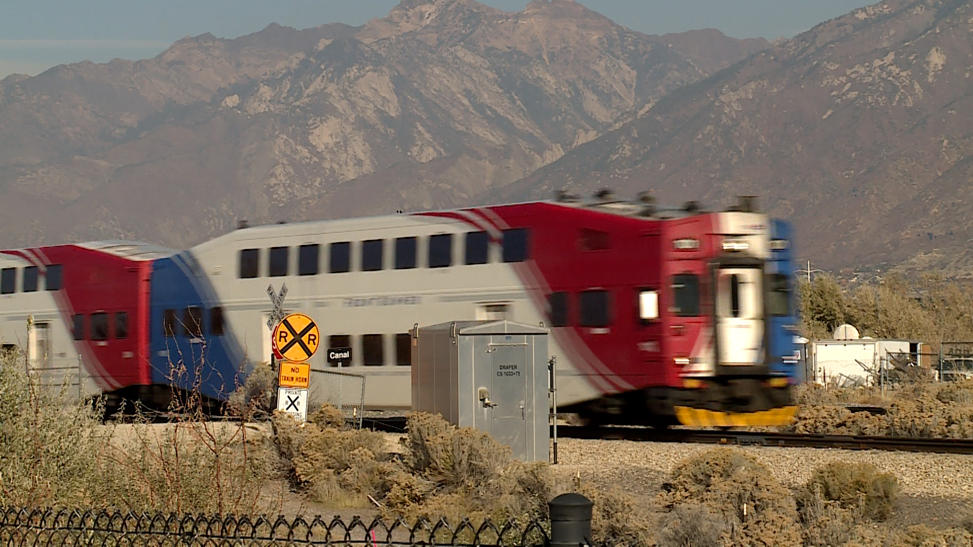 A FrontRunner train travels through Bluffdale on Thursday, Oct. 30, 2025. (Jason Hammer, KSL TV)