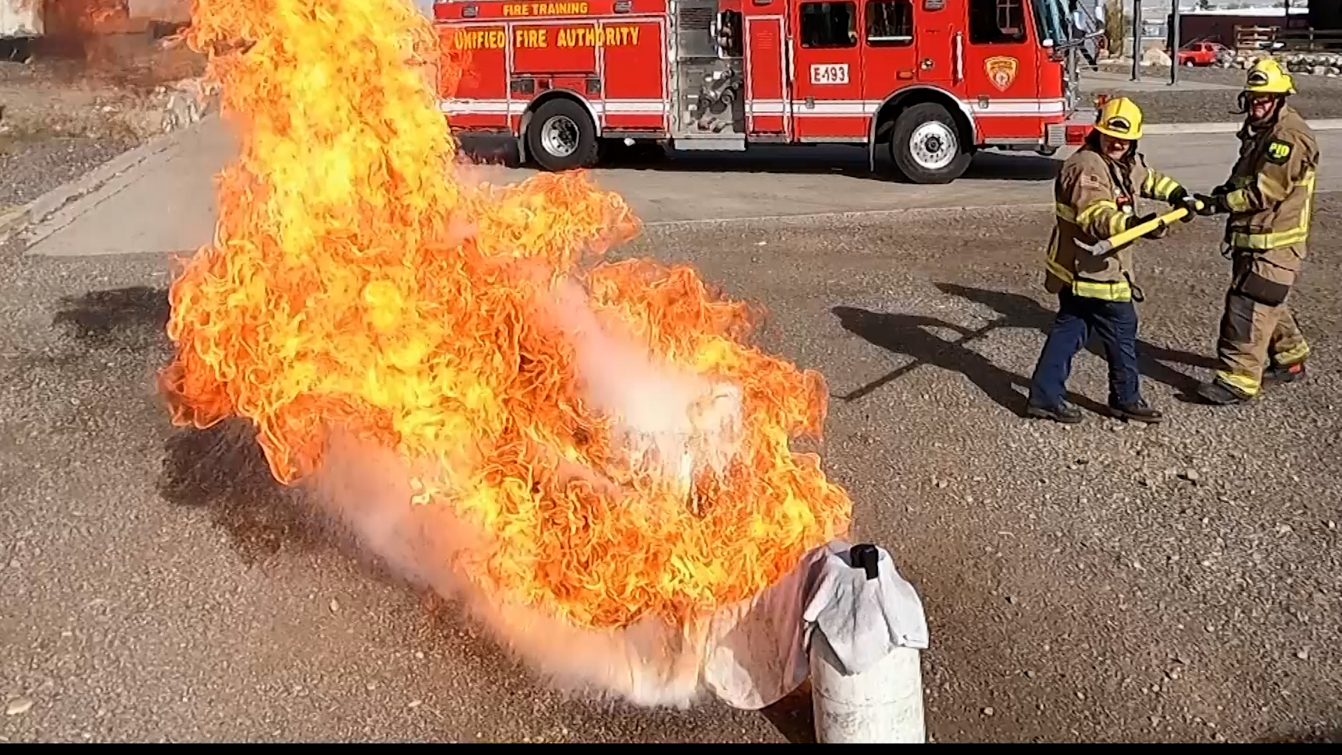 Fireball erupts as firefighters plunge a 24 lb. bird into a turkey fire with a max capacity of 16 lbs. (Mark Less, KSL TV)
