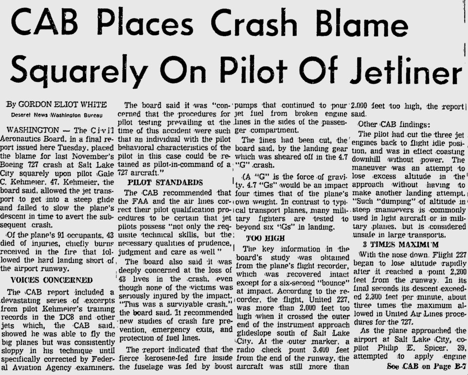 A Deseret News article from June 7, 1965, reporting on the Civil Aeronautics Board report on Flight 277. (Deseret News via Google News)
