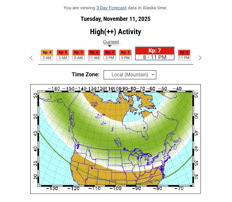 The range where the solar storms will hit North America and where the northern lights will be visible on Tuesday, Nov. 11, 2025. (The University of Alaska Fairbanks)