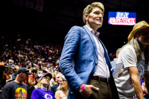 State Sen. Nate Blouin, D-Salt Lake City, takes a moment after delivering a speech during a Fighting Oligarchy: Where We Go From Here with Bernie Sanders rally at the Jon M. Huntsman Center in Salt Lake City on Sunday, April 13, 2025. (Tess Crowley, Deseret News)