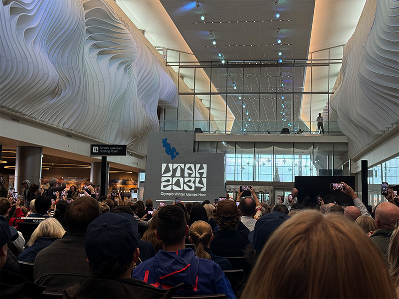 A crowd gathers at the Salt Lake City International Airport to mark 3,000 days out from the Opening Ceremony of the 2034 Olympic Games. (Eric Cabrera, KSL NewsRadio)