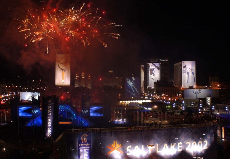 Fireworks explode over the Olympic Medals Plaza after the first night of entertainment Saturday, February 9, 2002. (Jason Olson, Deseret News)