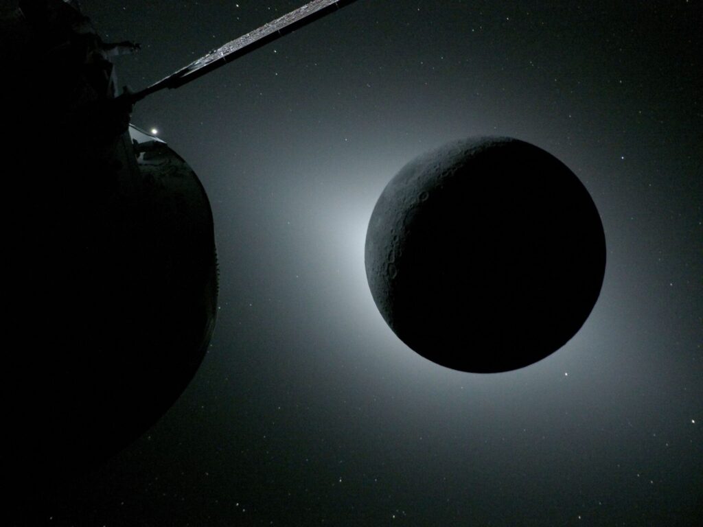 The moon, backlit by the Sun during a solar eclipse, is photographed by NASA’s Orion spacecraft on April 6, during the Artemis II mission. (NASA via CNN Newsource)