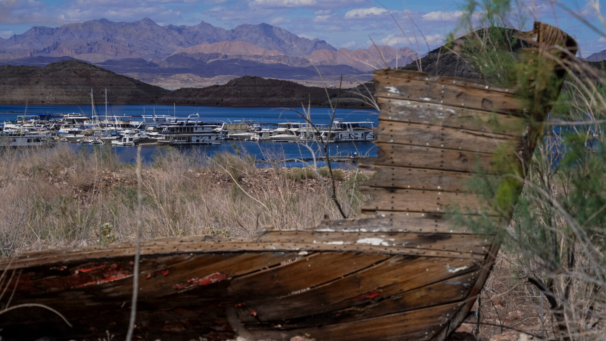 The remains of a boat sit out of the water at the Lake Mead National Recreation Area on Wednesday, ...