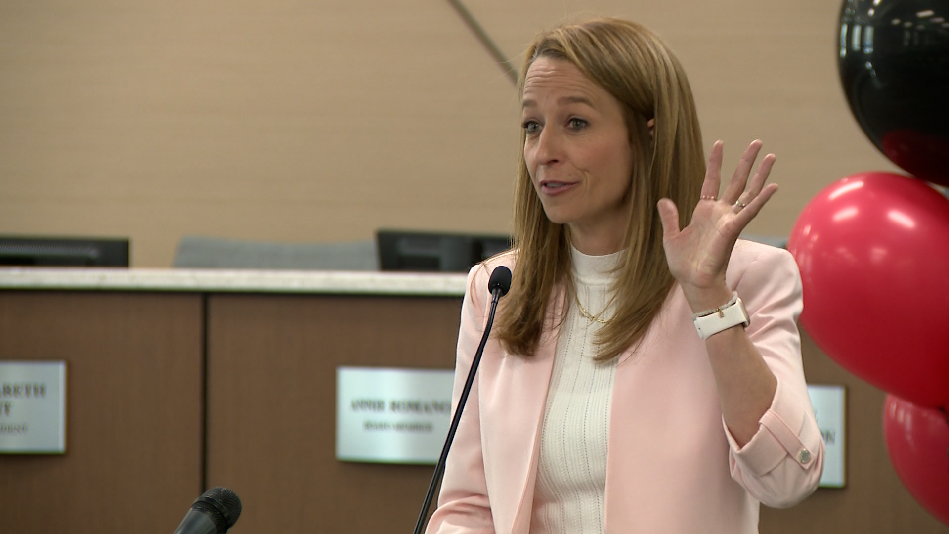 Utah First Lady Abby Cox spoke at the Salt Lake City School District Board Room to celebrate the inaugural cohort of the TRAC Teacher Apprenticeship Program. (Jason Hammer, KSL)