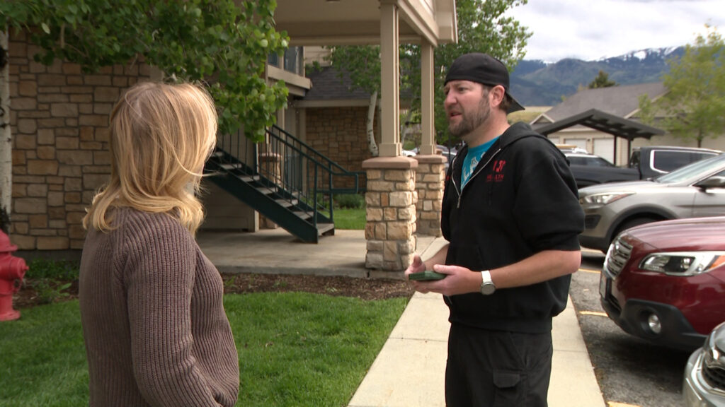 Park City resident John Santy speaking with KSL's Sarah Martin. Santy held a suspect who broke into his home at gun-point until sheriff's deputies arrived. (Istvan Bartos, KSL)