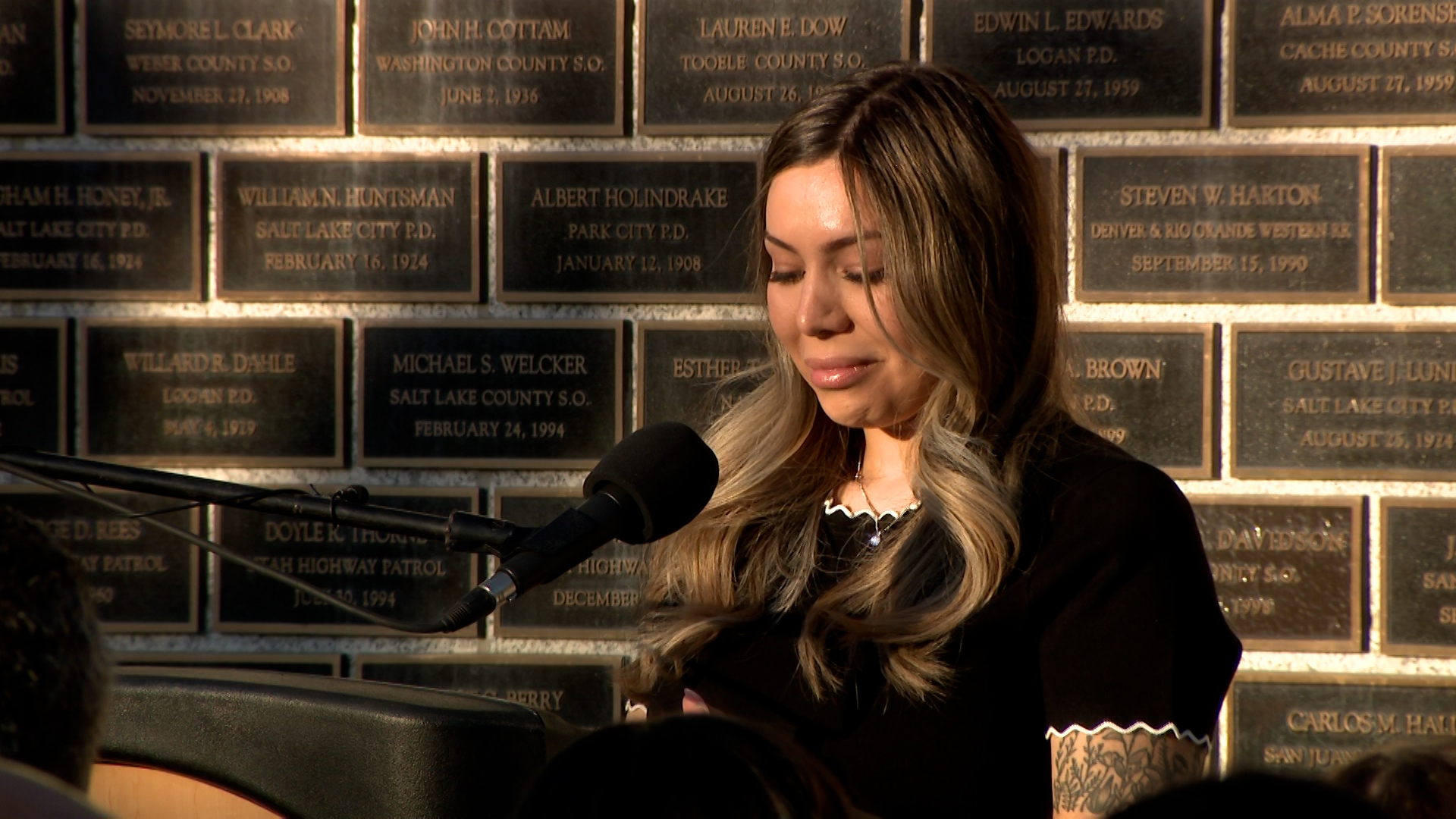Brittney Estrada speaks at the Utah Law Enforcement Memorial on Thursday, May 7, 2026. (Nathan Riser, KSL)