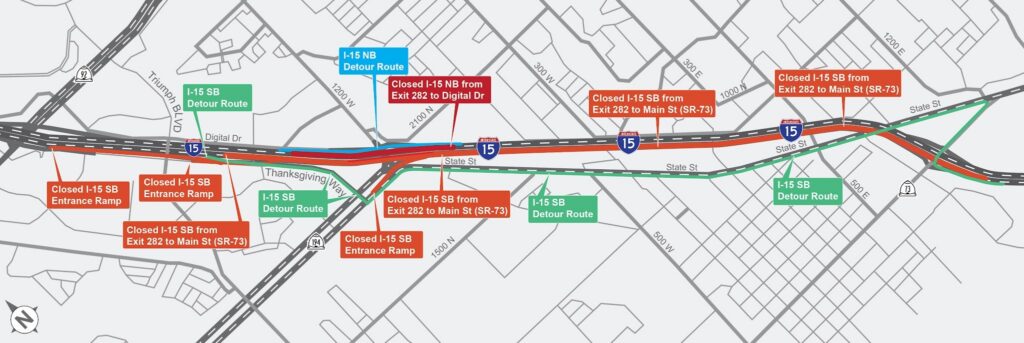 The Utah Department of Transportation developed a map showing the closures along I-15, along with detours for drivers to use. (Utah Department of Transportation)