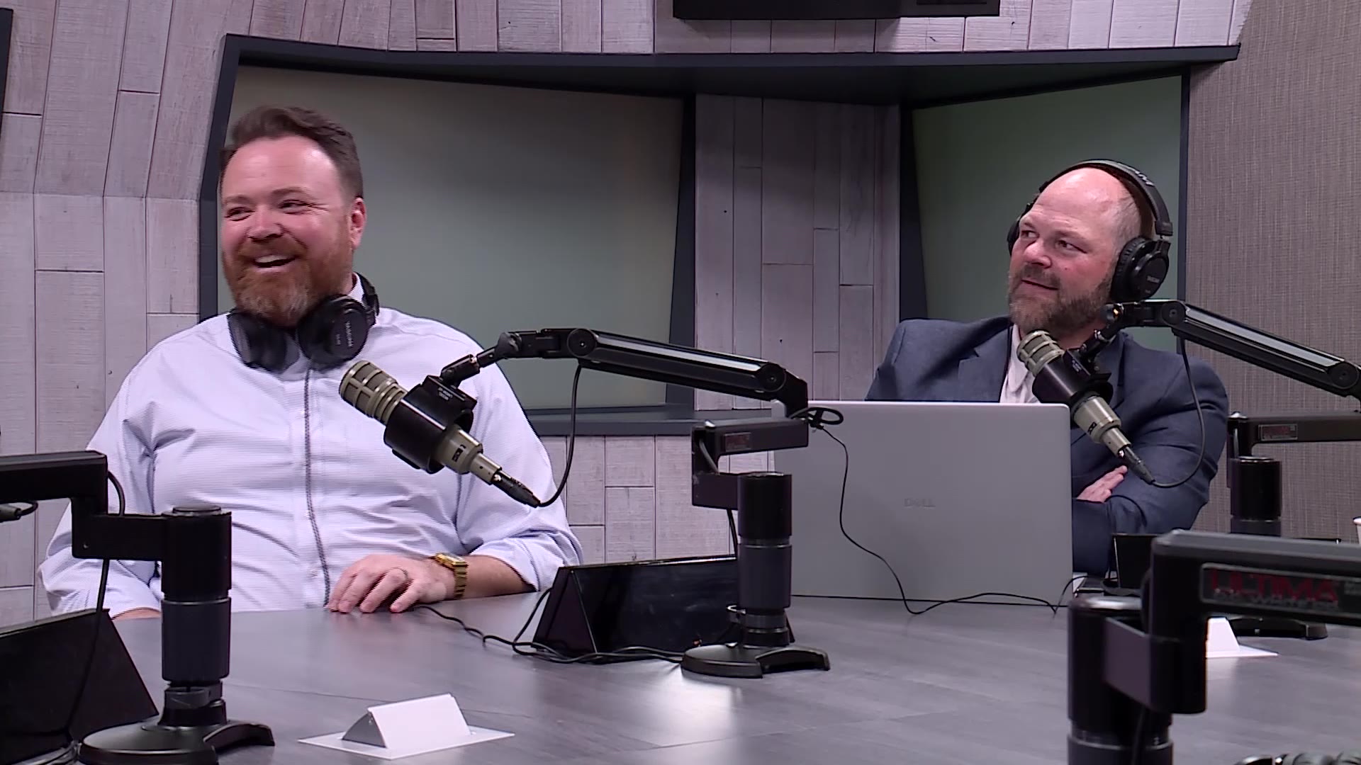 Ethan Millard and Alex Kirry are pictured back in the KSL NewsRadio studio on the day of their show launch, KSL Brightside. (Istvan Bartos, KSL)