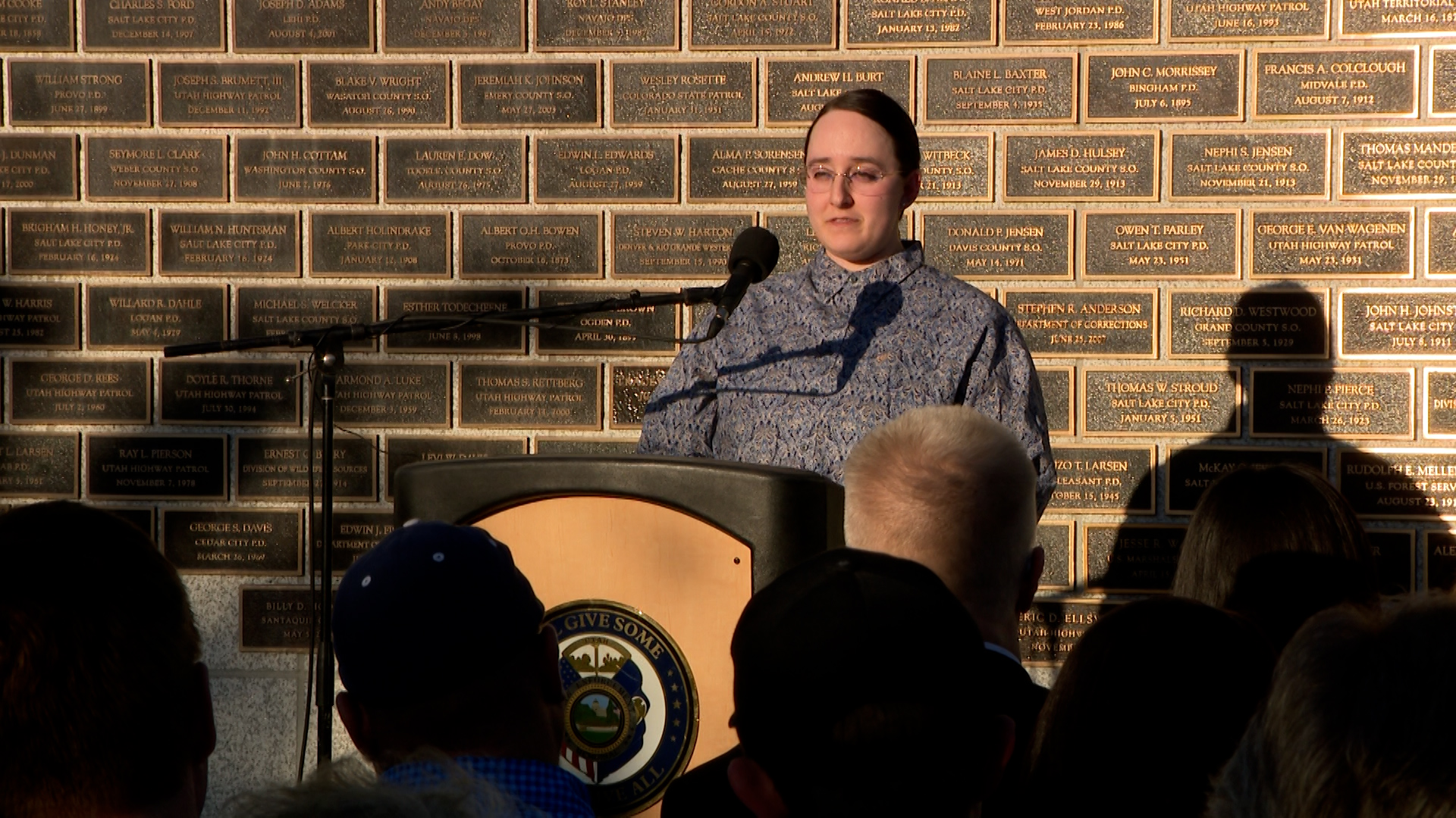 Lacee Sorensen speaks at the Utah Law Enforcement Memorial on Thursday, May 7, 2026. (Nathan Riser, KSL)