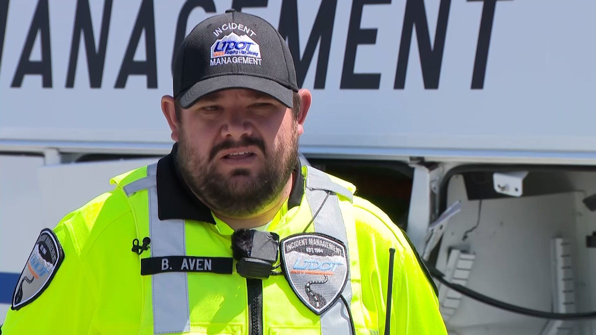 Brad Aven, UDOT roadway safety specialist, speaking about the two crashes he was involved in on June 1, 2026. (Istvan Bartos, KSL)